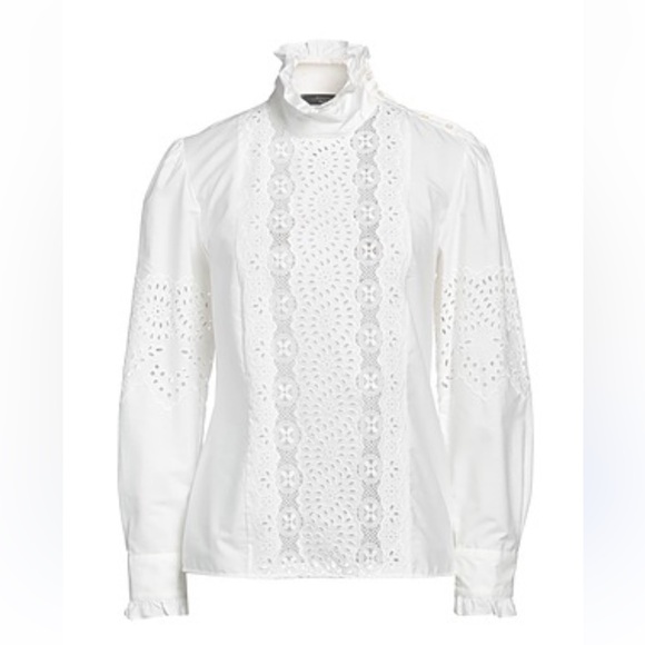 MaxMara Weekend Mock Neck Long Sleeve White Eyelet Blouse - Picture 4 of 13